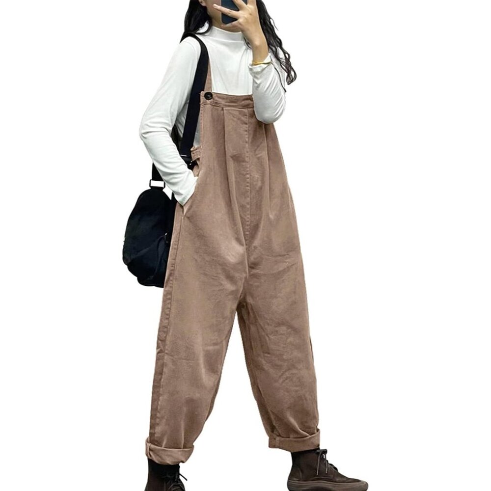 Overalls Women Plus Size Loose Fit Jumpsuit Adjustable Waist Cotton Romper Camel